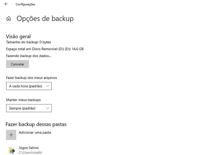 Faça o backup dos seus arquivos e dados salvos no Windows 10 (Captura de tela: Matheus Bigogno)