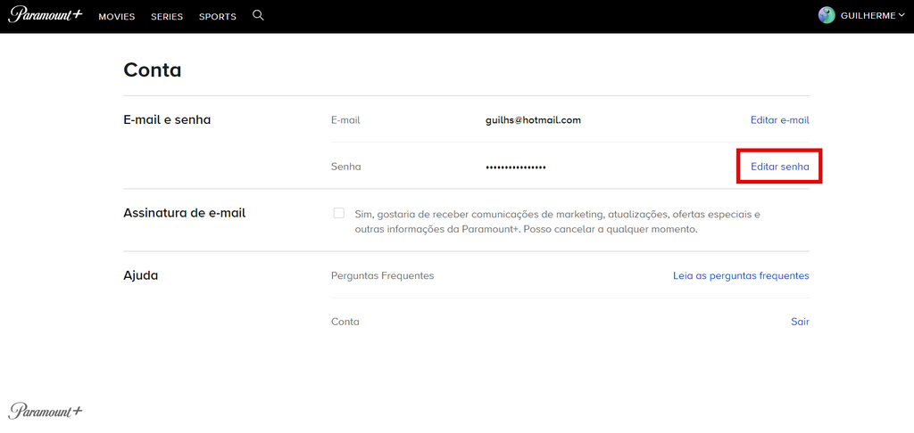 Acesse a conta no Paramount+ para editar a sua senha (Imagem: Captura de tela/Guilherme Haas/Canaltech)