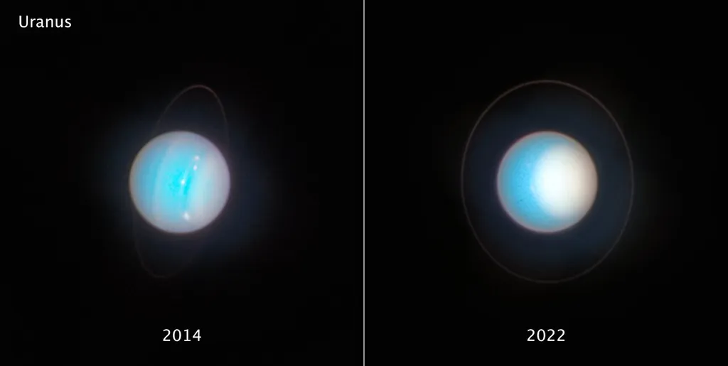 À esquerda, uma foto de Urano capturada em 2014; à direita, o planeta aparece observado em 2022, com seu polo norte coberto pela névoa fotoquímica (Imagem: Reprodução/NASA, ESA, STScI, A. Simon, M. H. Wong, J. DePasquale)