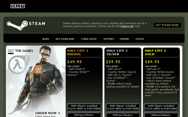 Era possível adquirir jogos da Valve no site da Steam (Imagem: Reprodução/Web Design Museum)
