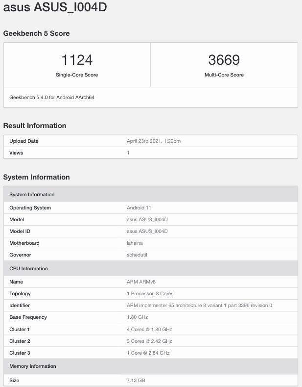 Suposto Zenfone 8 no Geekbench (Imagem: Reprodução/Geekbench)