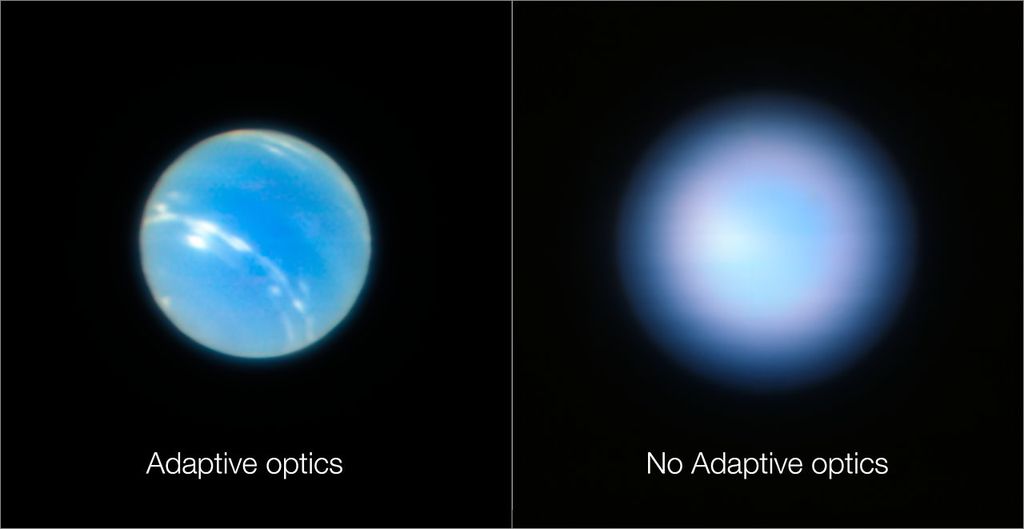 A primeira imagem mostra a foto final com a correção da distorção da atmosfera, ao lado de uma mesma foto sem adaptação óptica (Foto: ESO)