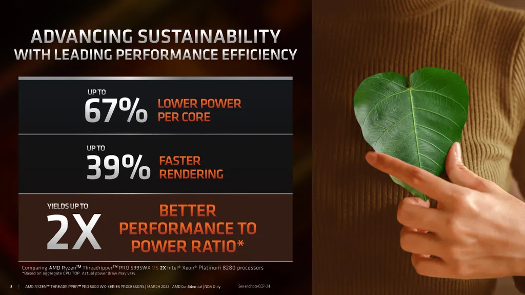 Com a chegada dos núcleos Zen 3, os lançamentos entregariam 39% mais desempenho com eficiência 67% maior frente aos modelos da linha Threadripper 3000 WX (Imagem: AMD)