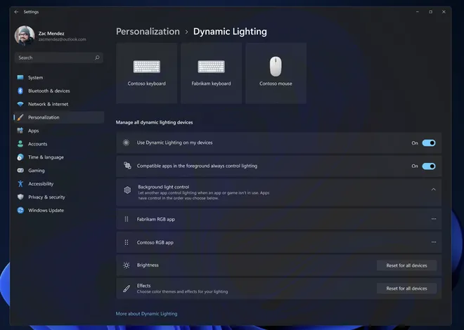 As luzes RGB dinâmicas poderão ser configuradas pelo utilitário do Windows 11 (Imagem: Reprodução/Microsoft)