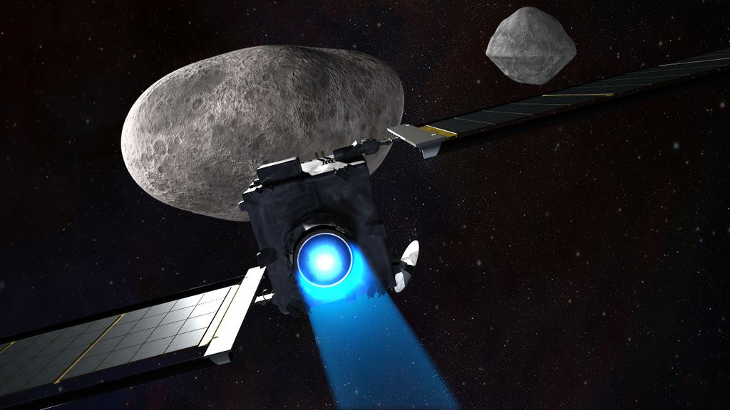Conceito da sonda DART se aproximando do asteroide Didymos e sua lua Didymoon (Imagem: NASA)