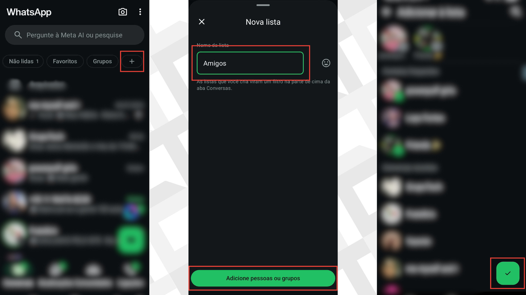 Interface do WhatsApp mostrando a criação de uma nova lista de conversas chamada 'Amigos'