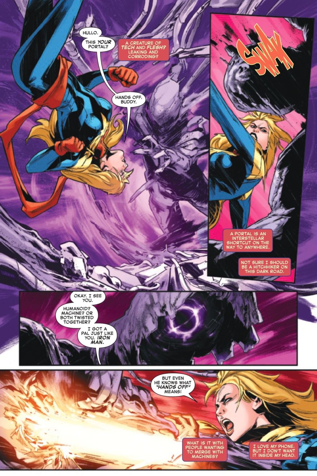 Nova edição de Capitão Marvel mostra a heroína se lembrando de alguém que também é híbrido de máquina e um ser orgânico: o Homem de Ferro (Imagem: Reprodução/Marvel Comics)