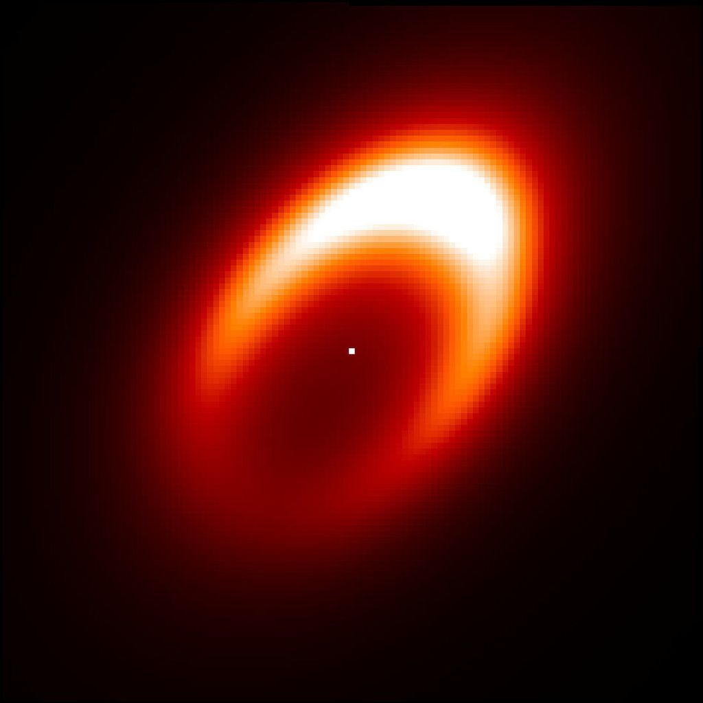 A imagem representa o vórtice que está dentro do disco protoplanetário, que por sua vez orbita a estrela HD 163296. A área amarela brilhante no canto superior direito é a poeira quente onde um planeta provavelmente será formado. (Imagem: Reprodução/J. Varga)