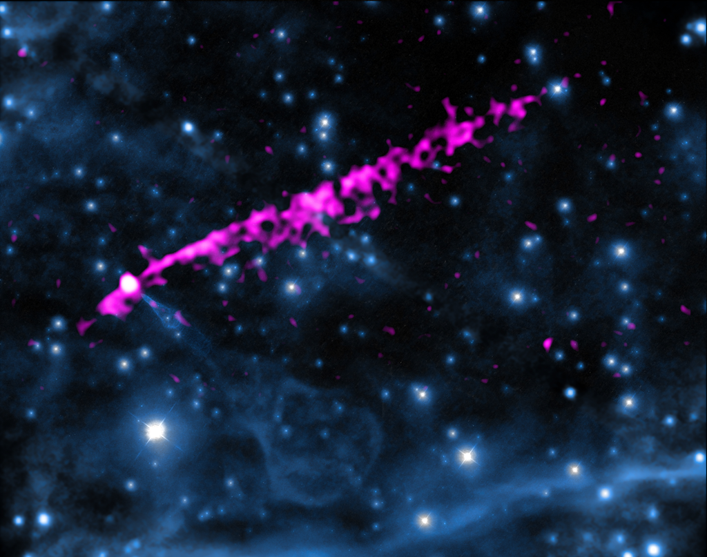 Os tons de rosa são emissões em raios X, ejetadas pelos polos do pulsar PSR B2224+65 (Imagem: Reprodução/NASA/CXC/SAO; Optical: NASA/STScI & Palomar Observatory 5-m Hale Telescope)