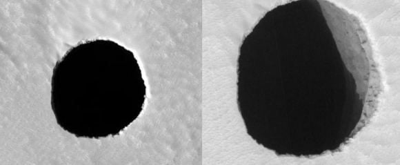 Poço perto de Arsia Mons fotografado em duas ocasiões diferentes (Imagem: Reprodução/NASA/JPL/Universidade do Arizona)