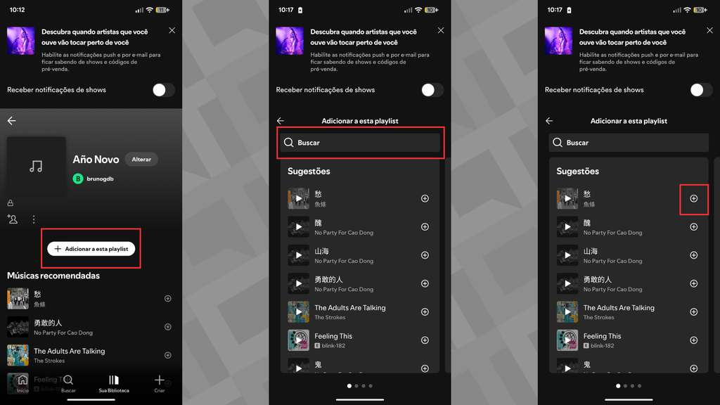 Como adicionar músicas à playlist colaborativa (Imagem: Captura de tela/Bruno De Blasi/Canaltech)