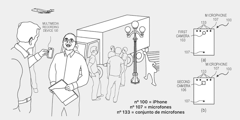Conjunto de microfones tenta registrar origem do som no ambiente (imagem: Apple/USPTO)