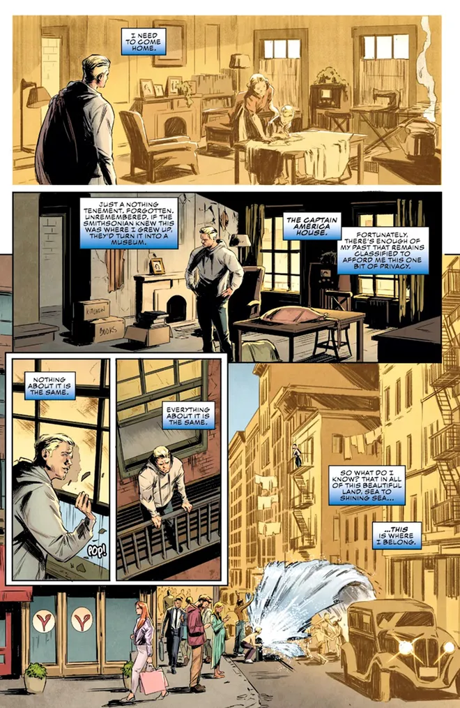 O Capitão América no lugar onde cresceu, no Brooklyn, em Nova York (Imagem: Reprodução/Marvel Comics)