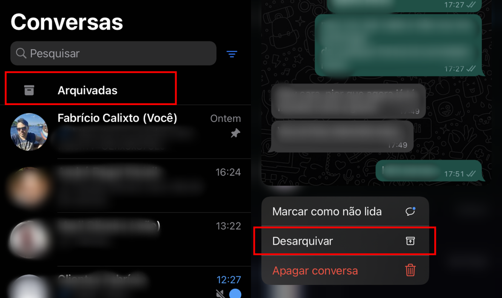 É possível desarquivar conversas do WhatsApp no iOS em poucos toques (Imagem: Captura de tela/Fabrício Calixto/Canaltech)