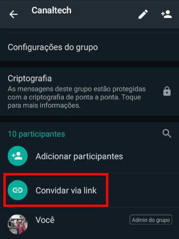 Clique na opção "Convidar via link" (Capture de tela: Matheus Bigogno)