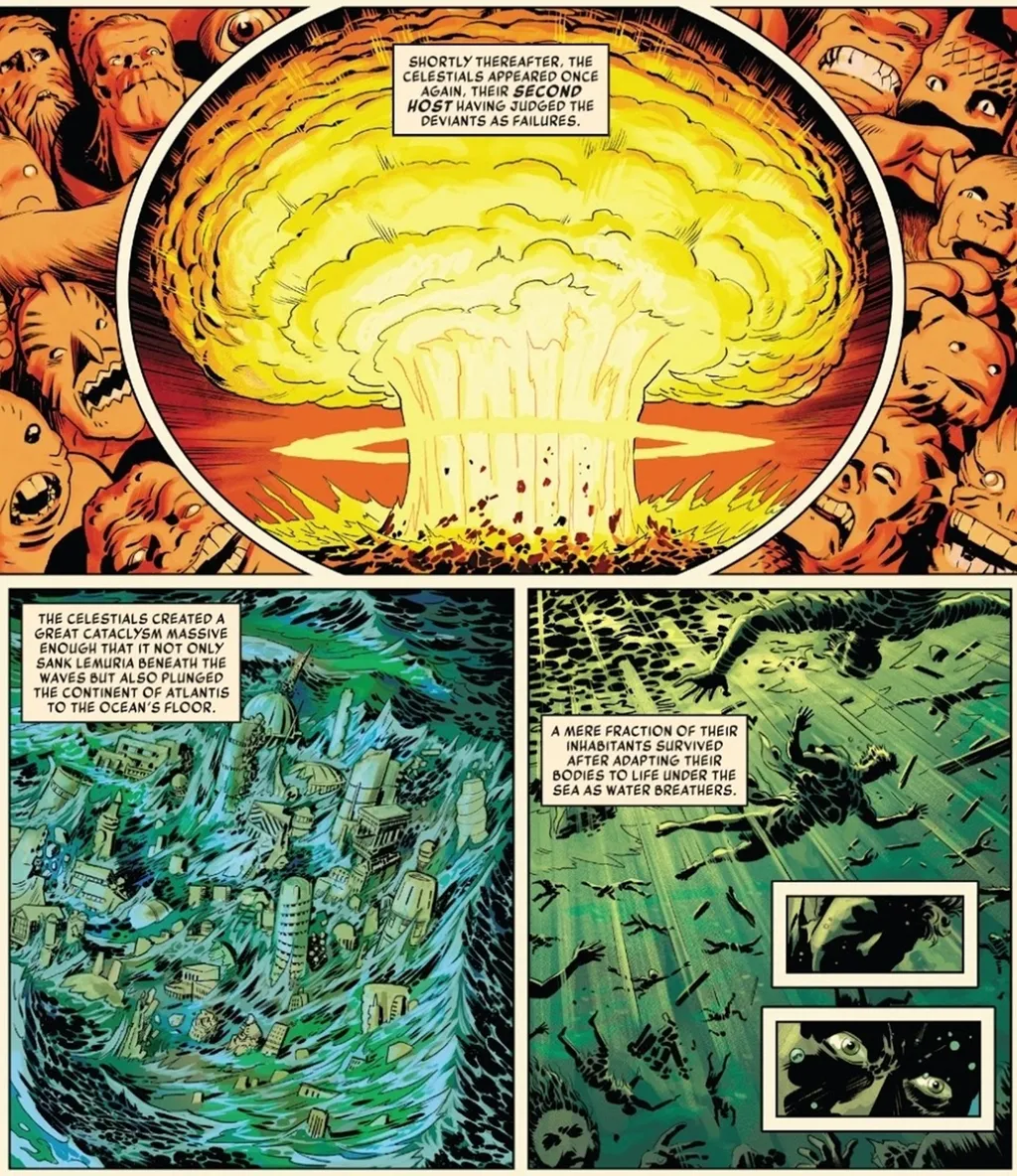 Nas revistas, os Celestiais é quem causaram o grande maremoto que afundou Atlântida e o povo de Namor (Imagem: Reprodução/Marvel Comics)