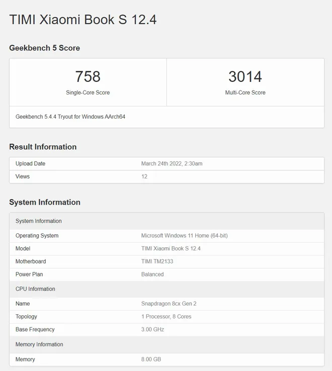 Xiaomi Book S 12.4 contará com plataforma Snapdragon (Imagem: Captura de tela/Geekbench Browser)