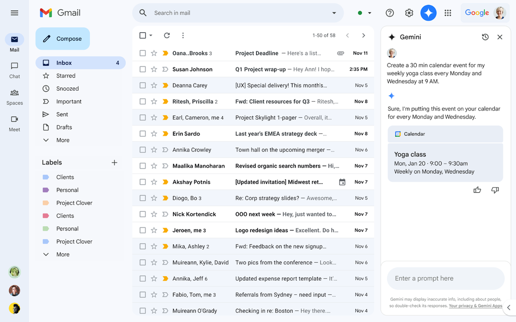 Gemini no Gmail passa a aceitar comandos para visualizar e criar eventos no calendário (Imagem: Divulgação/Google)