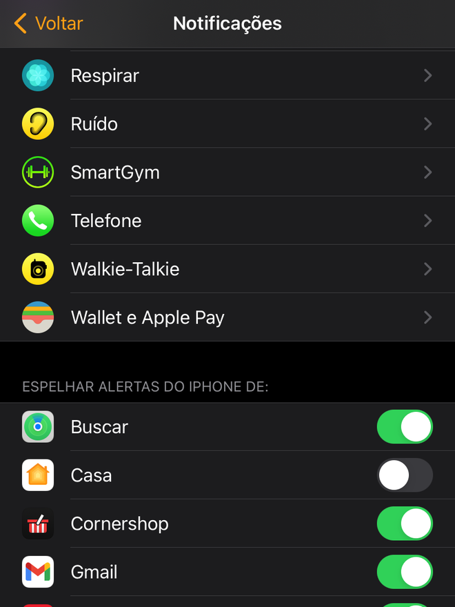 Escolha apps que você deseja receber notificação no Apple Watch - Captura de tela: Thiago Furquim (Canaltech)