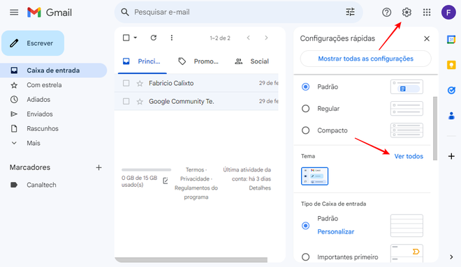 Basta acessar as configurações do Gmail para alterar o tema da sua conta (Imagem: Captura de tela/Fabrício Calixto/Canaltech)