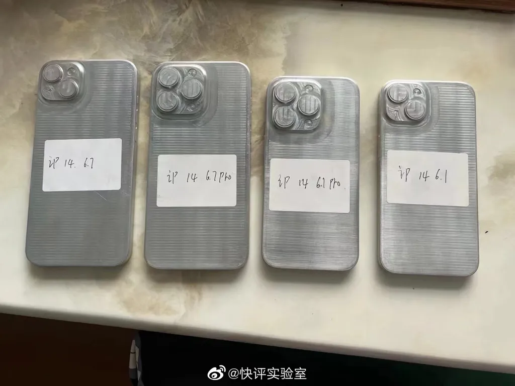 Moldes 3D da linha iPhone 14 mostram dois modelos de 6,7 polegadas e dois modelos de 6,1 polegadas (Imagem: Reprodução/QuickReviewLab)