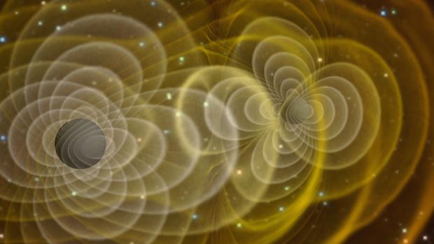 Conceito artístico de ondas gravitacionais geradas por dois objetos massivos (Imagem: Reprodução/Henze/NASA)