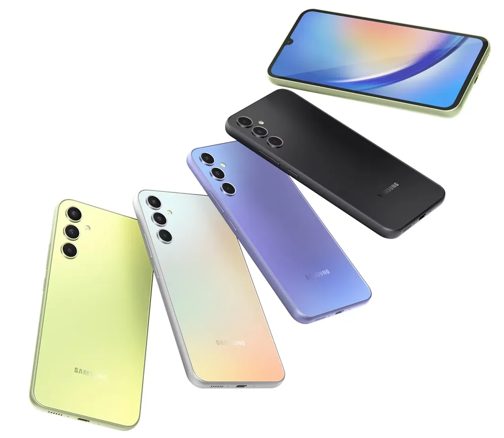 O Samsung Galaxy A34 5G tem design similar ao A54, mas suas opções de cores adotam um acabamento que muda de cor conforme a luz bate no corpo do celular (Imagem: Reprodução/Samsung)