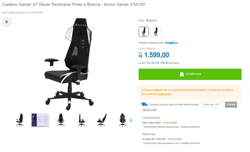 Cadeira Gamer XT Racer Reclinável Preta e Branca - Armor Series XTA150 ...