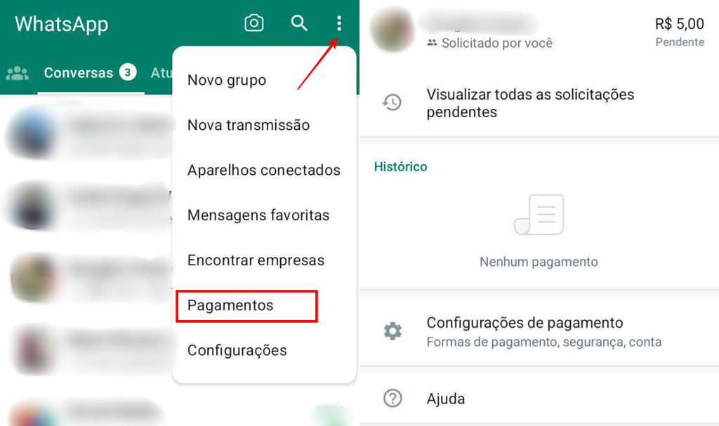 Existe uma aba no WhatsApp na qual é possível conferir todos os dados e configurações da sua conta de pagamentos (Imagem: Captura de tela/Fabrício Calixto/Canaltech)