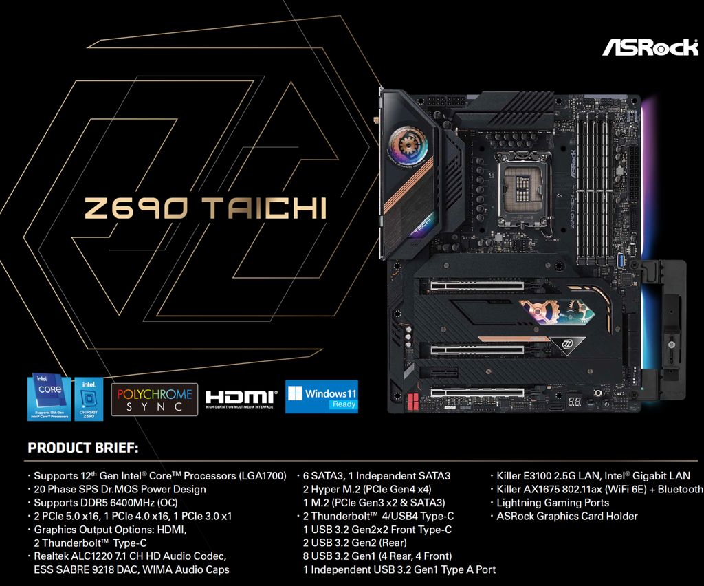 A nova ASRock Z690 Taichi oferece o que a empresa tem de melhor, com RAM DDR5 aa até 6.400 MT/s, duas portas Thunderbolt 4, Wi-Fi 6E e mais (Imagem: ASRock)