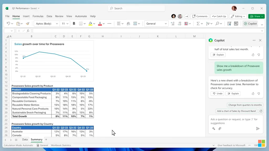 Suporte ao Excel permite analisar e gerar novas planilhas (Imagem: Reprodução/Microsoft)