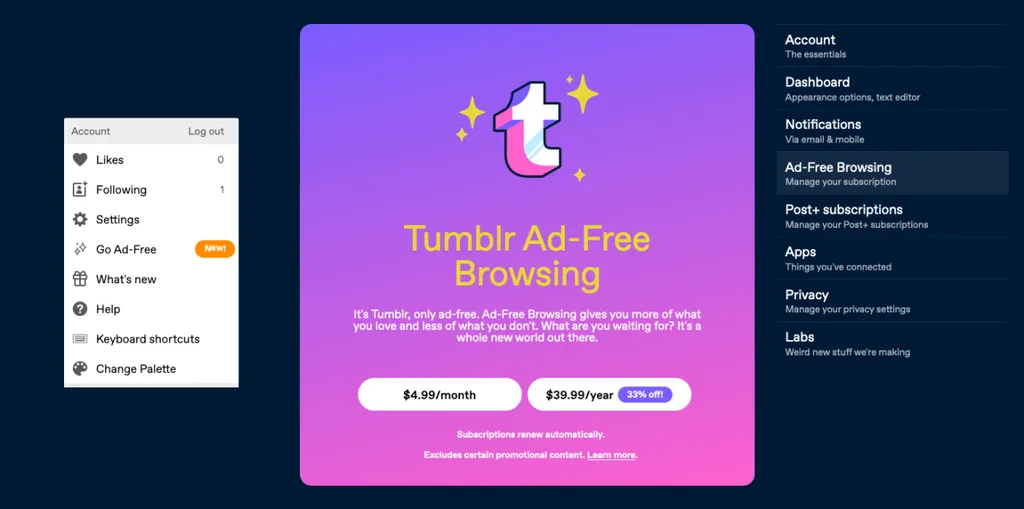 O Tumblr Ad-Free garante uma plataforma livre de anúncios (Imagem: Reprodução/Tumblr)