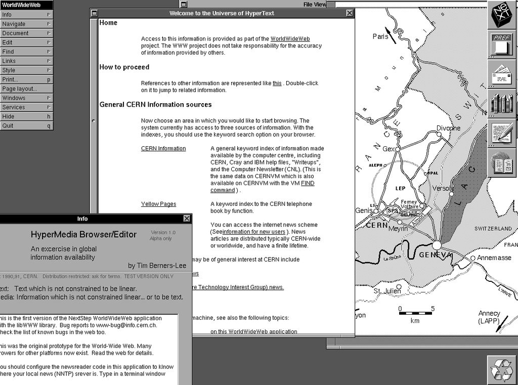Captura de tela mostrando o navegador da NeXT, criado por Tim Berners-Lee. Imagem: Divulgação / CERN