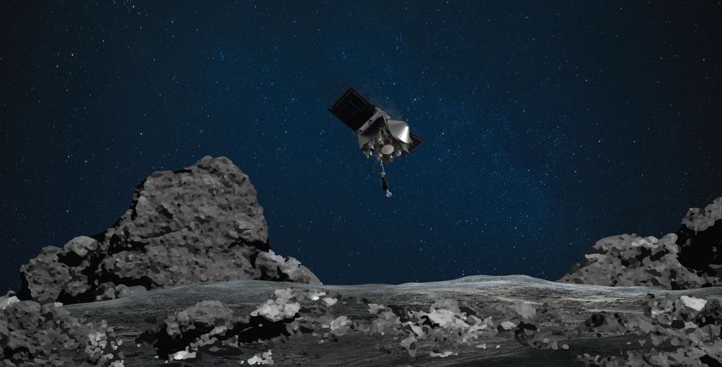 Ilustração da sonda OSIRIS-REx se aproximando da superfície do asteroide Bennu (Imagem: NASA/Goddard/University of Arizona)