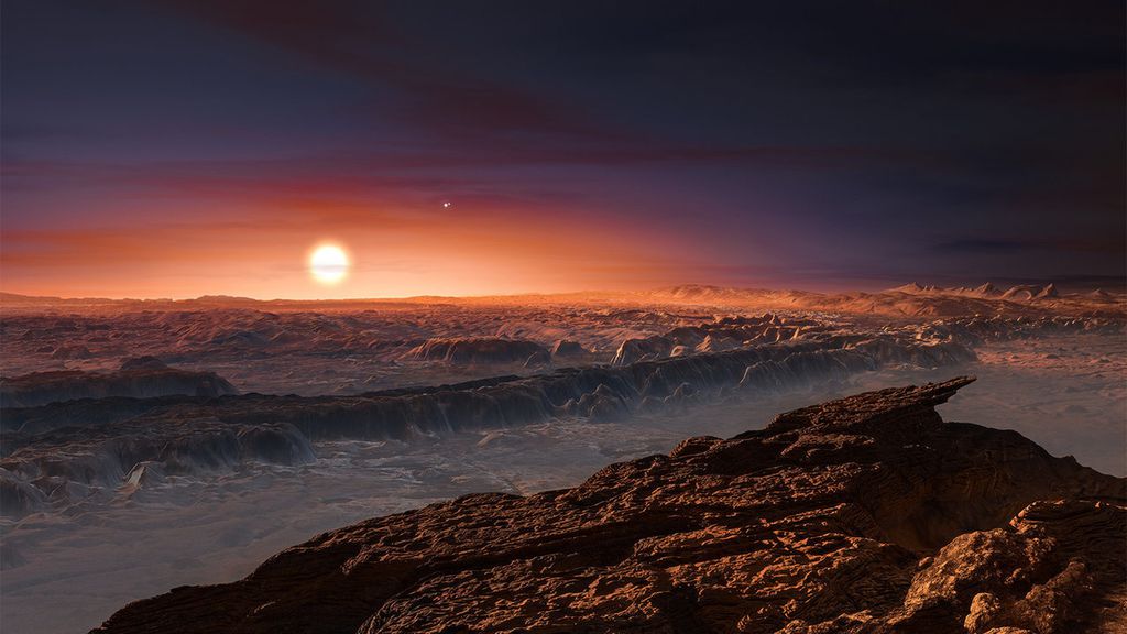 Ilustração de como seria o céu em Proxima b, com Proxima Centauri dominando a cena enquanto Alpha Centauri A e B aparecem menores ao fundo (Imagem: Reprodução/ESO / M. Kornmesser)
