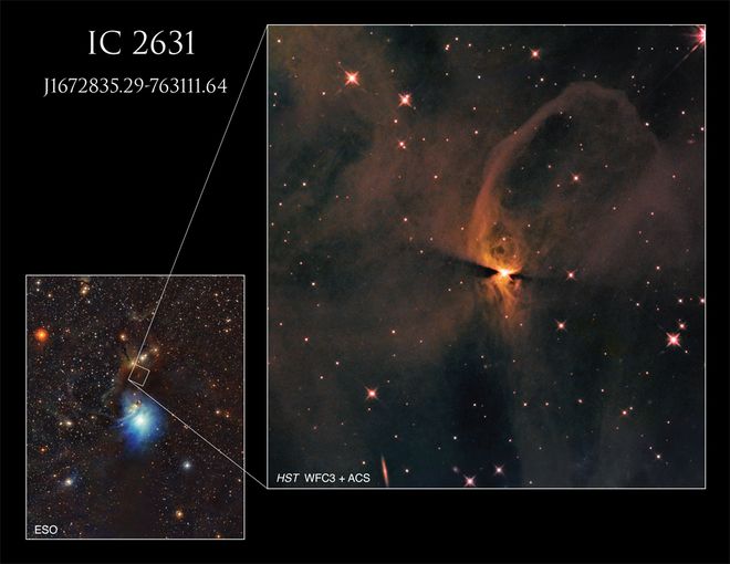 A protoestrela escondida em sua nebulosa de reflexão (Imagem: Reprodução/NASA/ESA/JPL/University of Toledo)