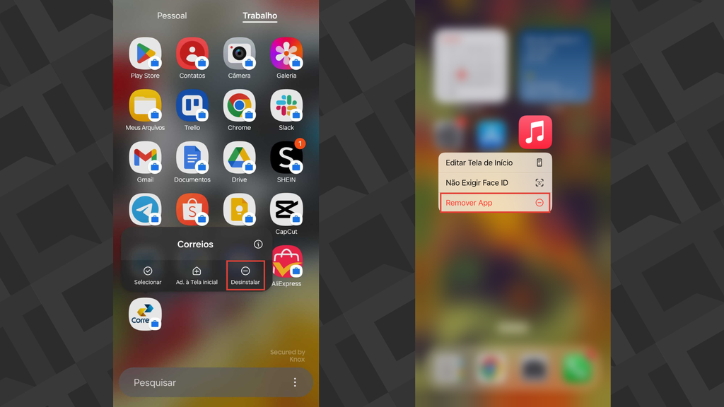 Captura de tela com o processo para excluir apps no Android e iOS