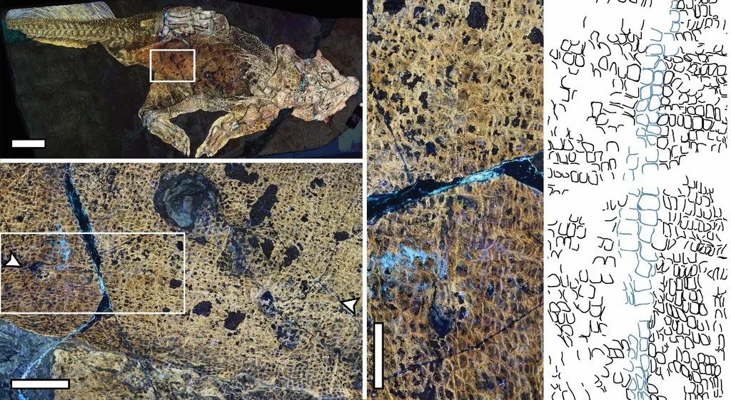 Fóssil muito bem preservado do psitacossauro com seu recém-descoberto umbigo (Imagem: Bell et al./BMC Biology)