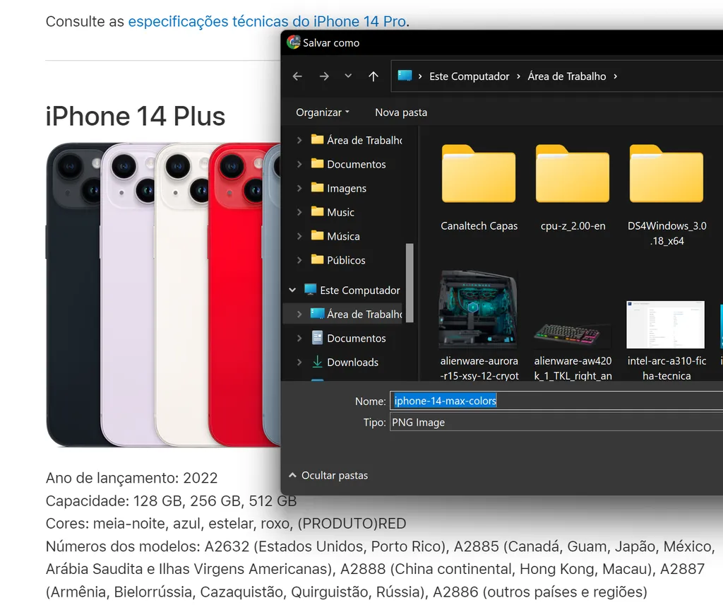 A imagem utilizada pela Apple na página de suporte do iPhone 14 Plus possui "iPhone 14 Max" no nome do arquivo (Imagem: Apple)