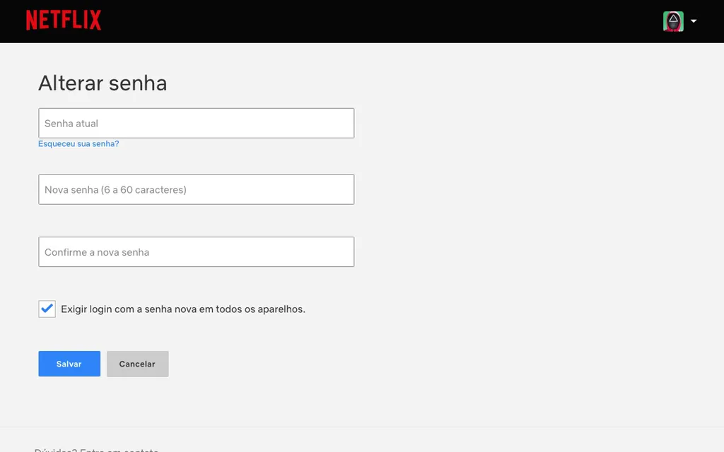 Como mudar a senha da Netflix: acesse sua conta no navegador e crie a nova senha (Captura de tela: Caio Carvalho)