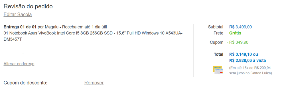 Preço da oferta do notebook Asus X543UA
