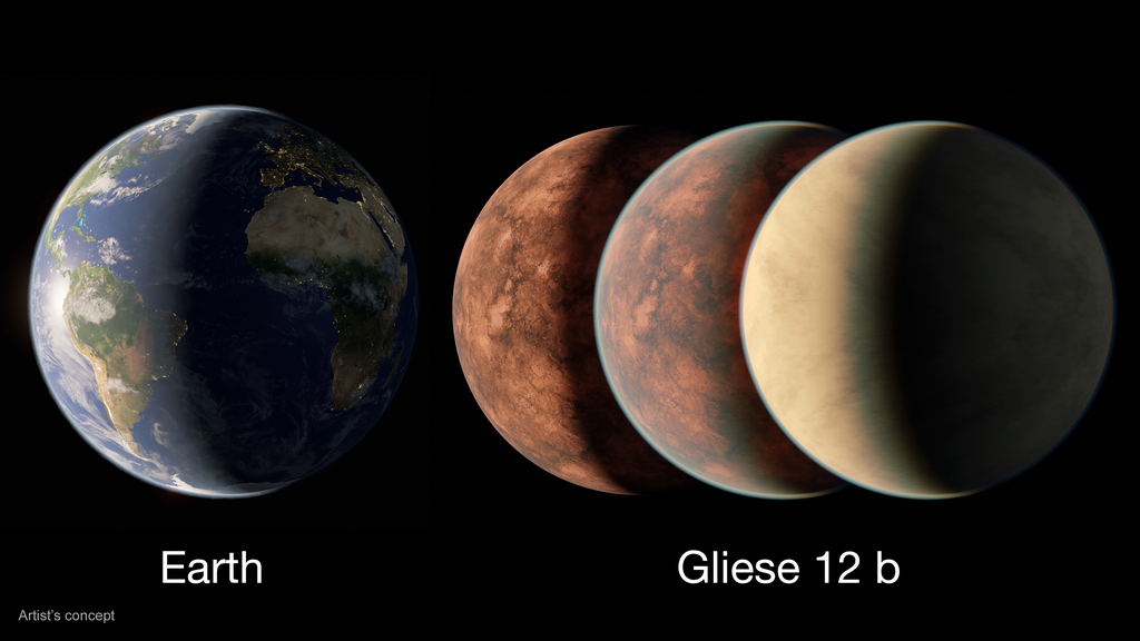 Comparação do tamanho de Gliese 12 b com o da Terra e de Vênus (Imagem: Reprodução/NASA/JPL-Caltech/R. Hurt (Caltech-IPAC)