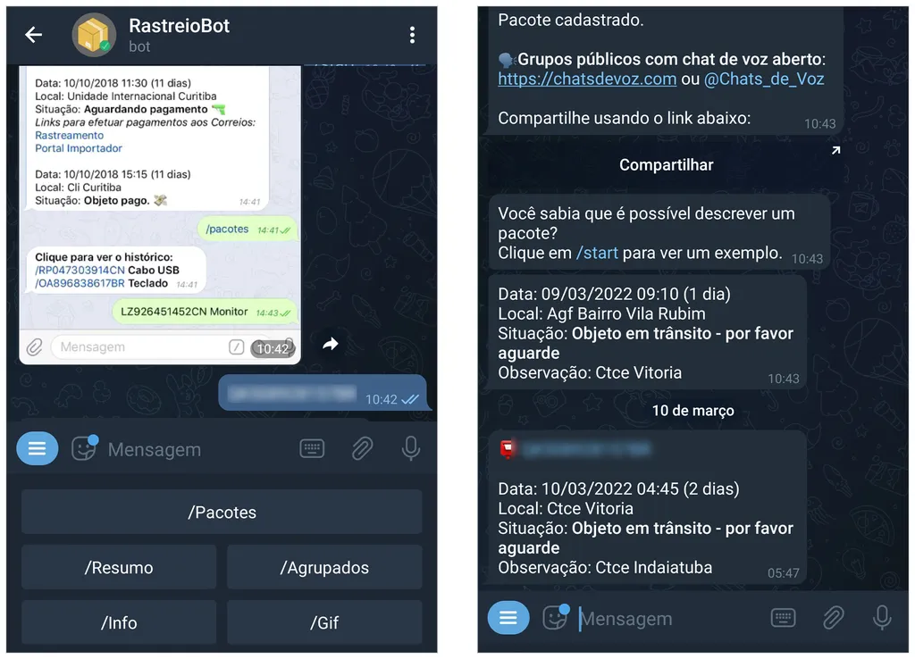 Bot do Telegram traz atualizações de rastreamento dos Correios (Captura de tela: André Magalhães)