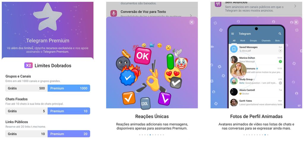 Recursos exclusivos do Telegram Premium incluem emojis e figurinhas personalizados, limites maiores para envio de arquivos e opções adicionais de privacidade e organização (Imagem: Captura de tela/Rodrigo Folter/Canaltech)