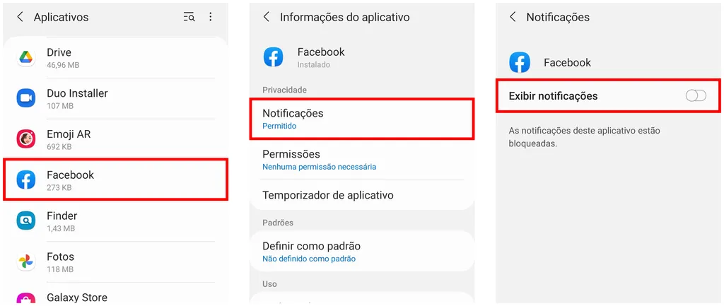 Tela mostra como desativar notificações do app do Facebook no Android (Captura de tela: Caio Carvalho)