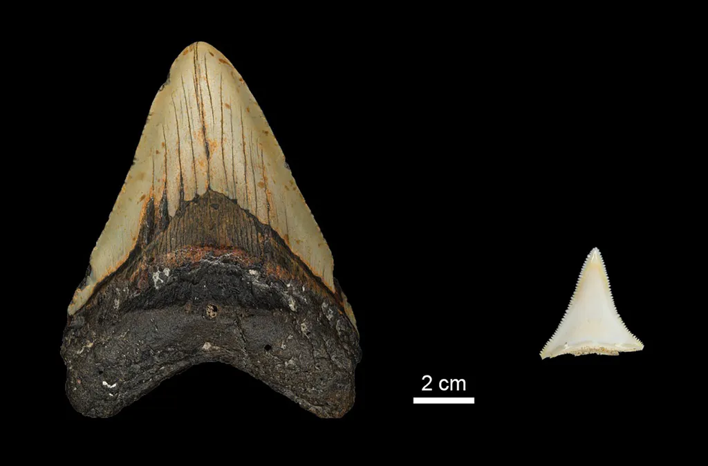 Dente de um megalodon em comparação com o dente de um grande tubarão branco (Imagem: MPI for Evolutionary Anthropology)