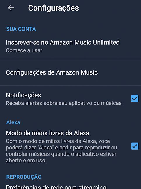 Menu de configurações do Amazon Music (Foto: Reprodução/André Magalhães)