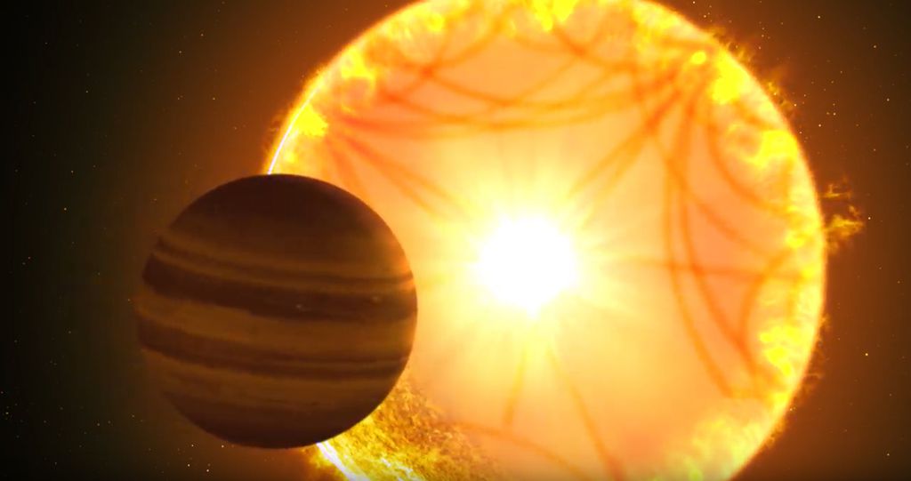 Arte imagina o "Saturno quente" passando em frente de sua estrela hospedeira (Imagem: Gabriel Perez Dias/Instituto de Astrofísica das Canárias)