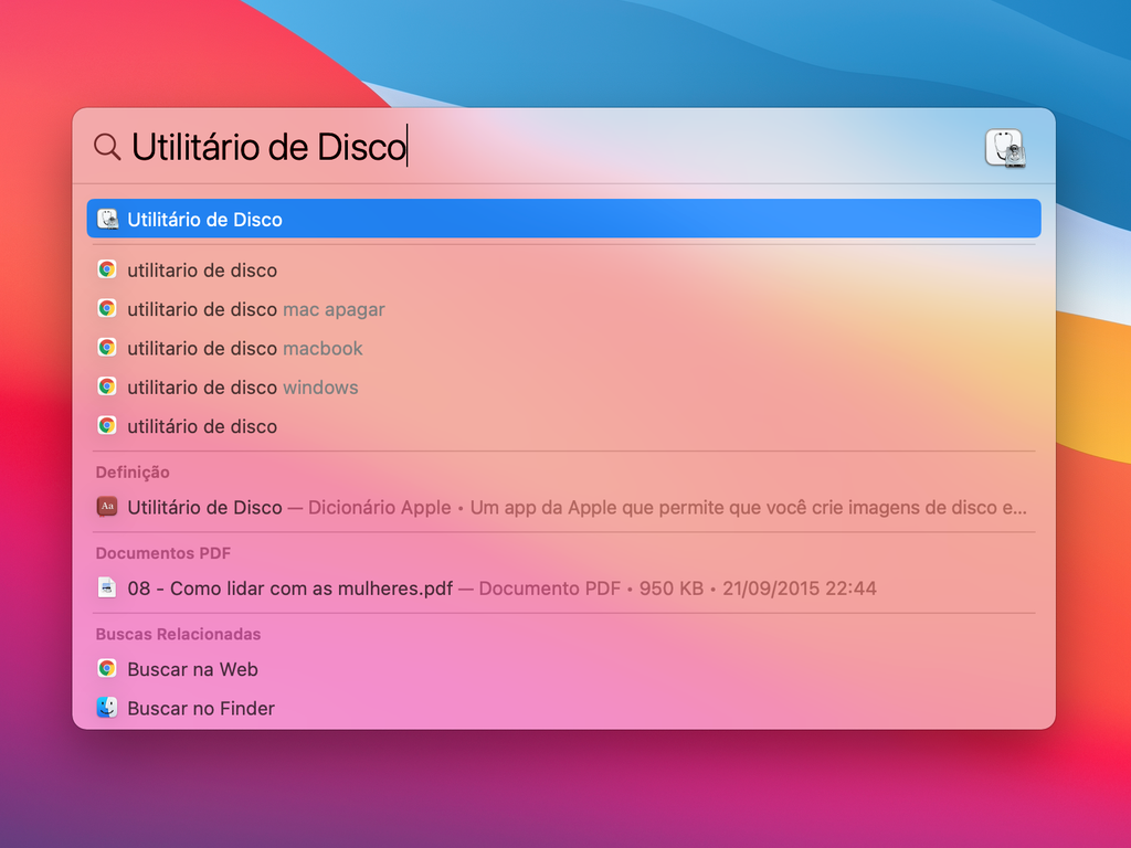 Utilize o atalho de busca para acessar o "Utilitário de Disco". - Captura de tela: Thiago Furquim (Canaltech)