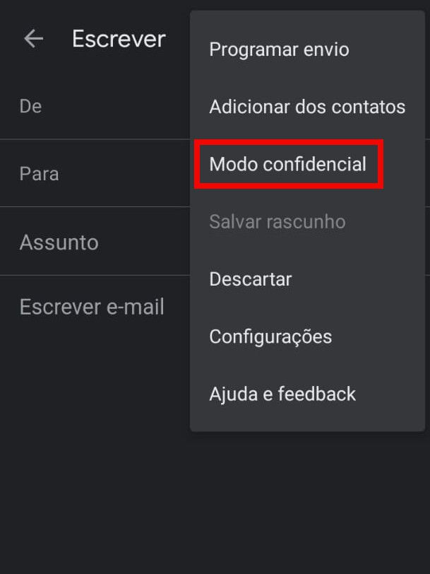 No menu aberto, toque sobre o item "Modo confidencial" (Captura de tela: Matheus Bigogno)